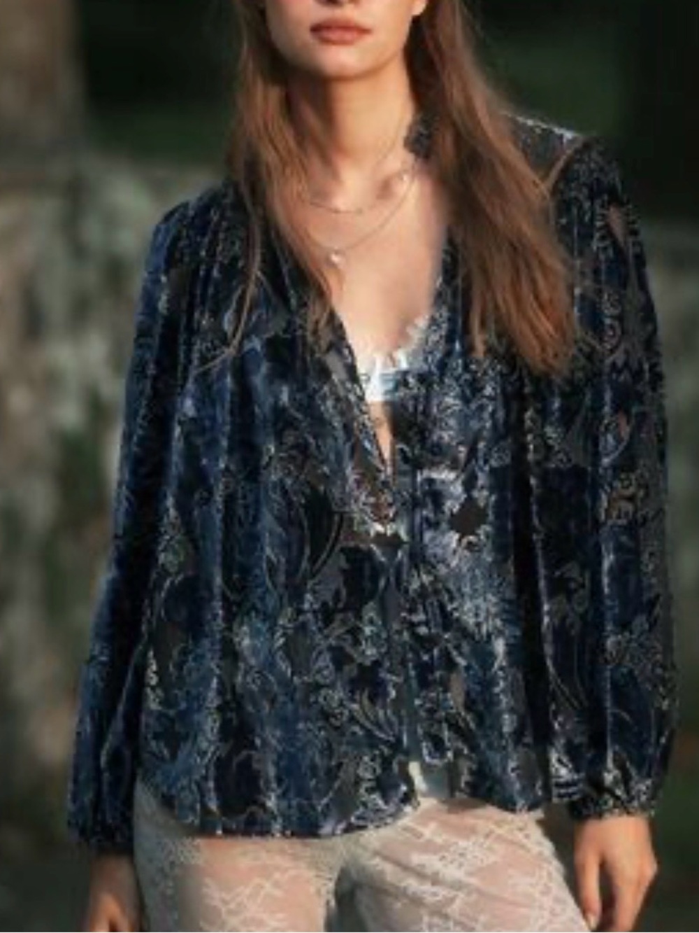 Anthropologie Estela Burnout Sheer Blouse Medium Navy Velvet Floral Bohemian